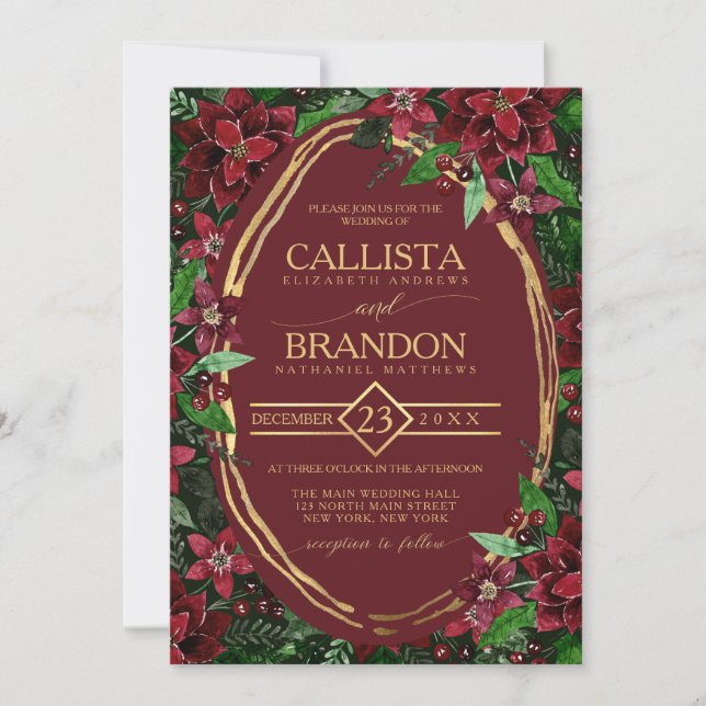 Burgundy Gold Green Poinsettia Ivy Floral Wedding Einladung (Vorderseite)