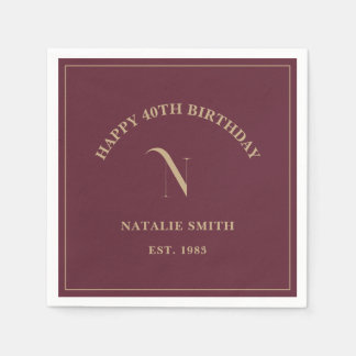 Burgundy Gold Happy Birthday Monogram Initial Serviette