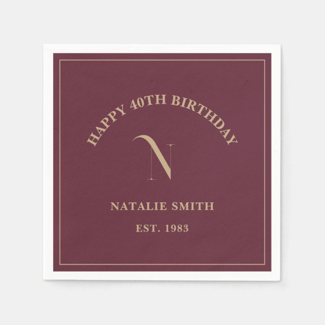 Burgundy Gold Happy Birthday Monogram Initial Serviette (Vorderseite)