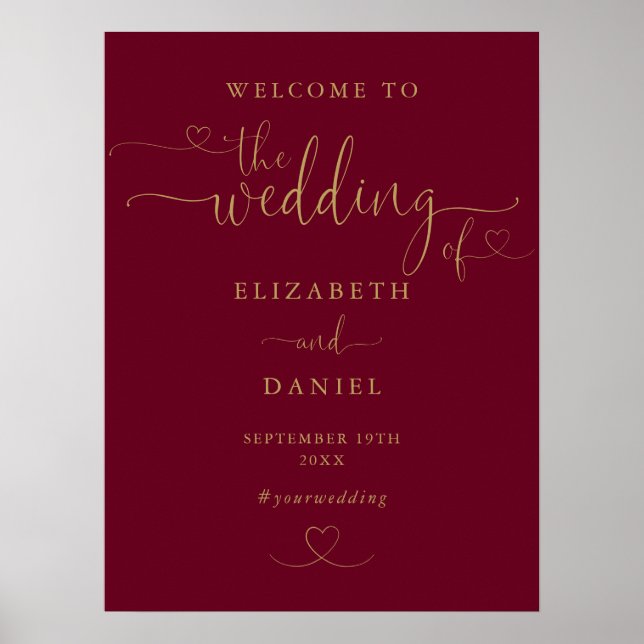 Burgundy Gold Heart Script Wedding Willkommenszeic Poster (Vorne)