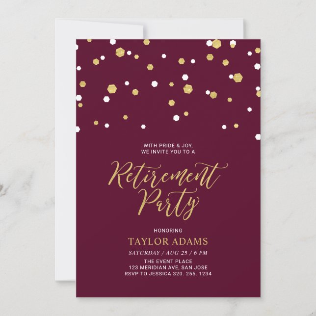 Burgundy & Gold Hexagon Confetti Retirement Party Einladung (Vorderseite)