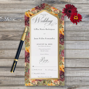 Burgundy & Gold Jewel Floral Green No Dinner All In One Einladung