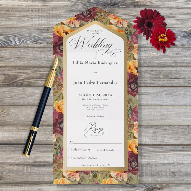 Burgundy & Gold Jewel Floral Green No Dinner All In One Einladung (Von Creator hochgeladen)