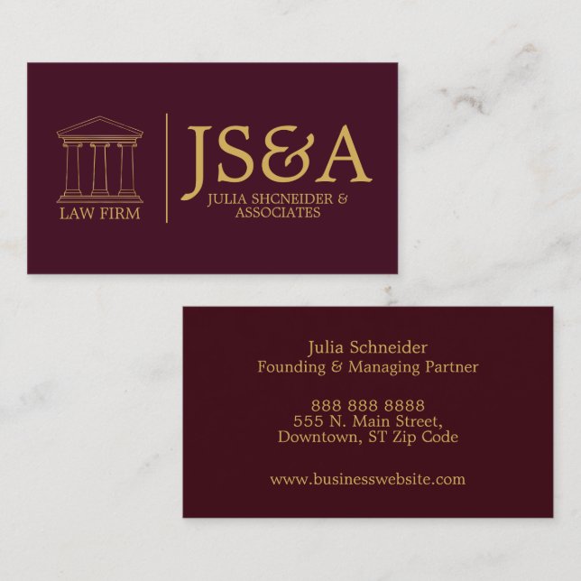 Burgundy Gold Justice Columns Law Firm Visitenkarte (Vorne/Hinten)
