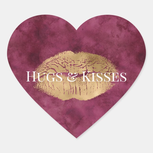 Burgundy Gold Kiss Lips Herz-Aufkleber (Vorderseite)