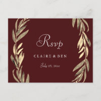 Burgundy Gold Leaf Wreath Wedding RSVP Postcard