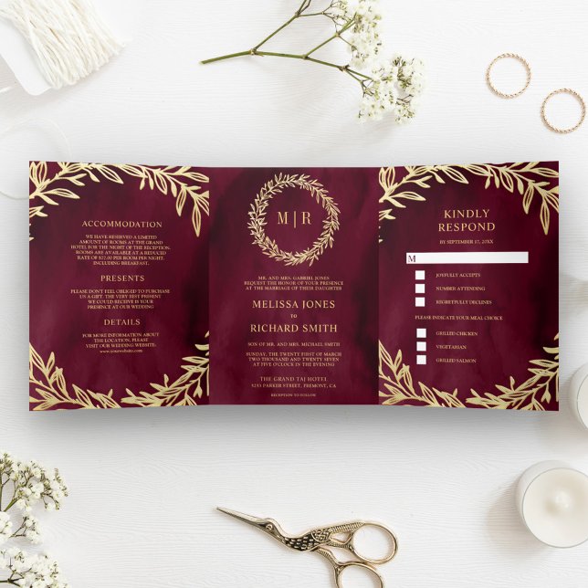 Burgundy Gold Leaf Zweigstelle auf einer Hochzeit Dreifach Gefaltete Einladung (Von Creator hochgeladen)