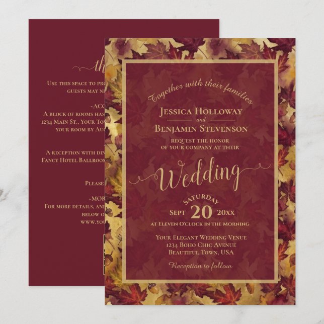 Burgundy & Gold Leaves Calligraphy QR Code Wedding Einladung (Vorne/Hinten)