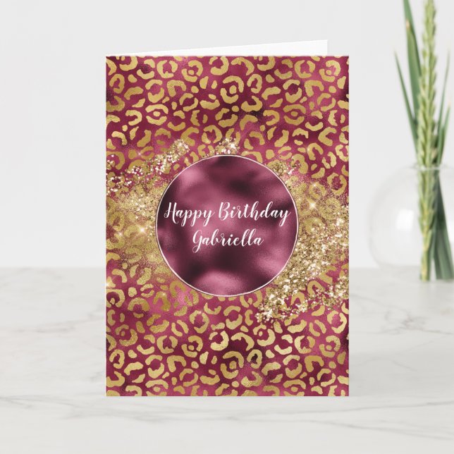 Burgundy Gold Leopard Print Glitzy Glitzer Karte (Vorderseite)