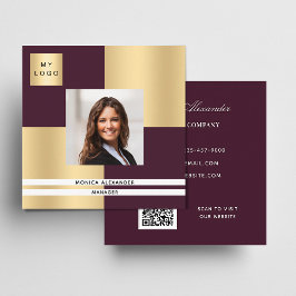 Burgundy Gold Logo Foto QR Code Quadratische Visitenkarte
