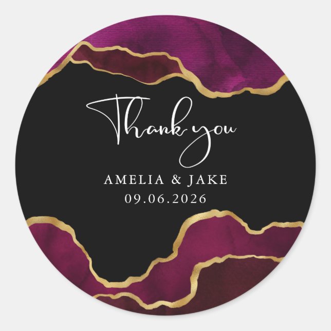 Burgundy Gold Magenta Agate Wedding Vielen Dank Runder Aufkleber (Vorderseite)