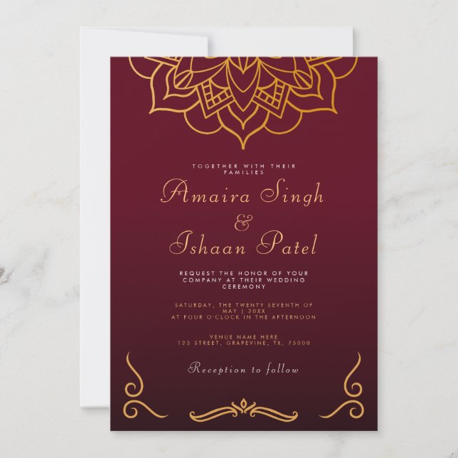 Burgundy Gold Mandala Ethnic Night Indian Wedding Einladung (Vorderseite)
