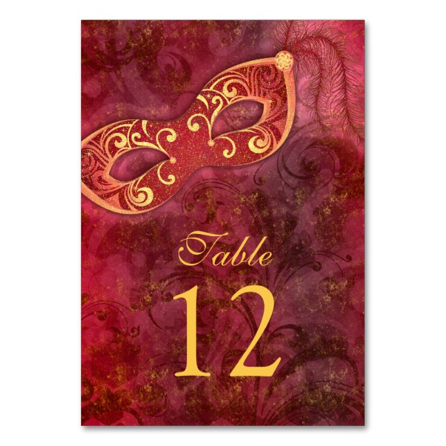 Burgundy Gold Masquerade Ball Mardi Gras Wedding Tischnummer (Vorderseite)