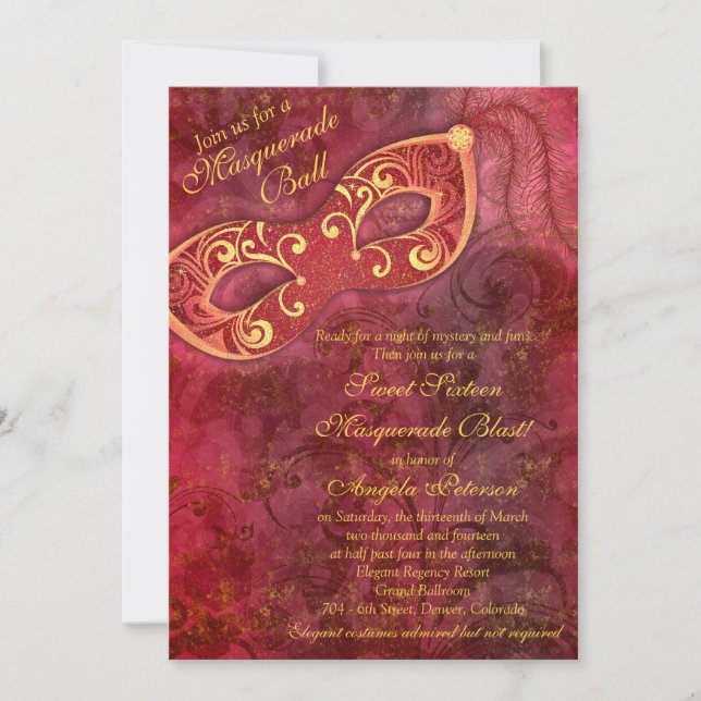 Burgundy Gold Masquerade Ball Sweet 16 Geburtstag Einladung (Vorderseite)