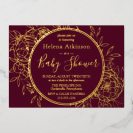 Burgundy & Gold Modern Peony Toile Baby Dusche Folieneinladung