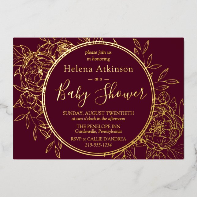 Burgundy & Gold Modern Peony Toile Baby Dusche Folieneinladung (Vorderseite)