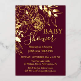 Burgundy & Gold Moderne Blumenbaby-Dusche Folieneinladung