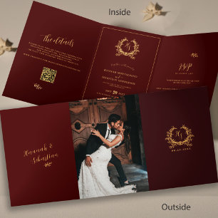 Burgundy Gold Monogram Foto QR UAWG Hochzeit Dreifach Gefaltete Karte
