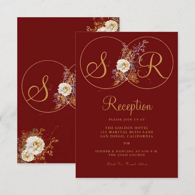 Burgundy Gold Monogram Name Initial Empfang Card Einladung (Vorne/Hinten)