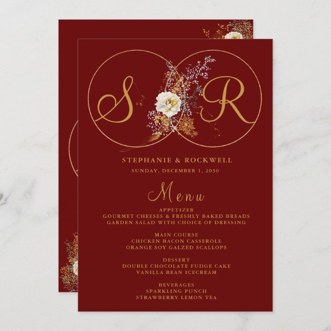 Burgundy Gold Monogram Name Initial Wedding Menu Menükarte (Vorne/Hinten)