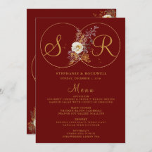 Burgundy Gold Monogram Name Initial Wedding Menu