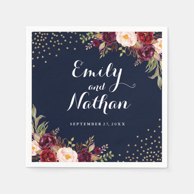 Burgundy Gold Navy Confetti Floral Wedding Napkin Serviette (Vorderseite)