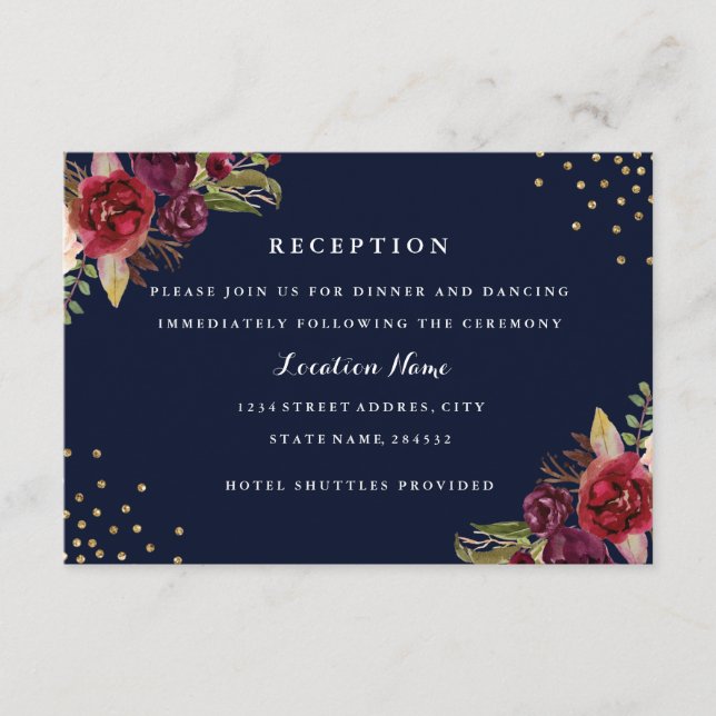 Burgundy Gold Navy Floral Wedding Card Begleitkarte (Vorderseite)