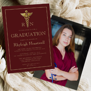Burgundy Gold Nurse RN Foto Graduation Party Einladung