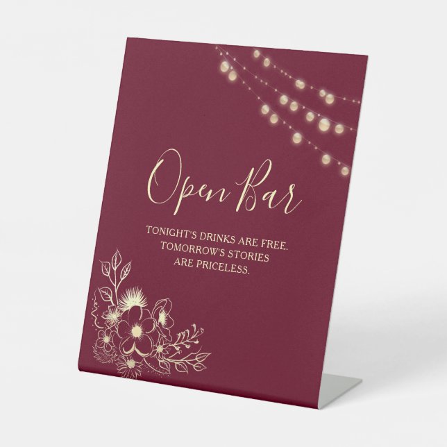 Burgundy Gold Open Bar Wedding Sign Sockelschild (Vorderseite)