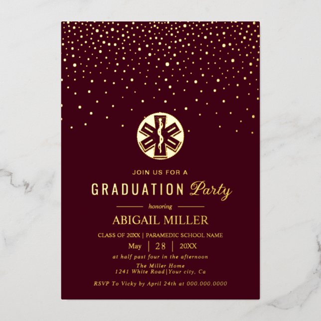 Burgundy, gold paramedic Class Of 2026 graduation Folieneinladung (Vorderseite)