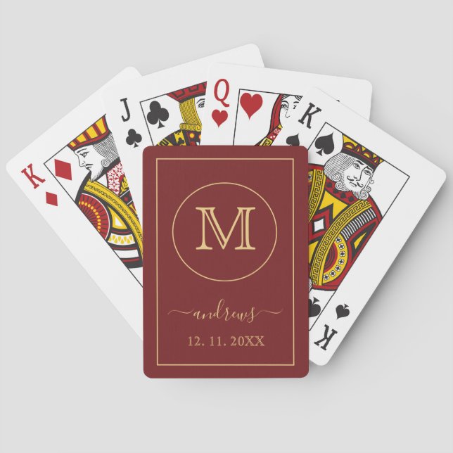 Burgundy Gold Personalisiert Monogramm und Name Spielkarten (Rückseite)
