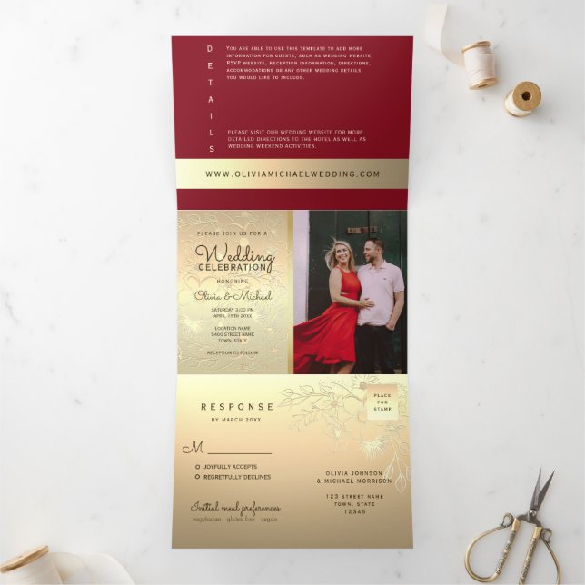 Burgundy Gold Photo Tri-Fold Wedding Invitation (Intérieur)