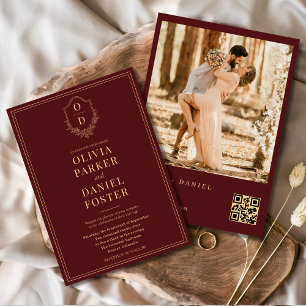 Burgundy Gold QR Code Wappen Foto Hochzeit Einladung