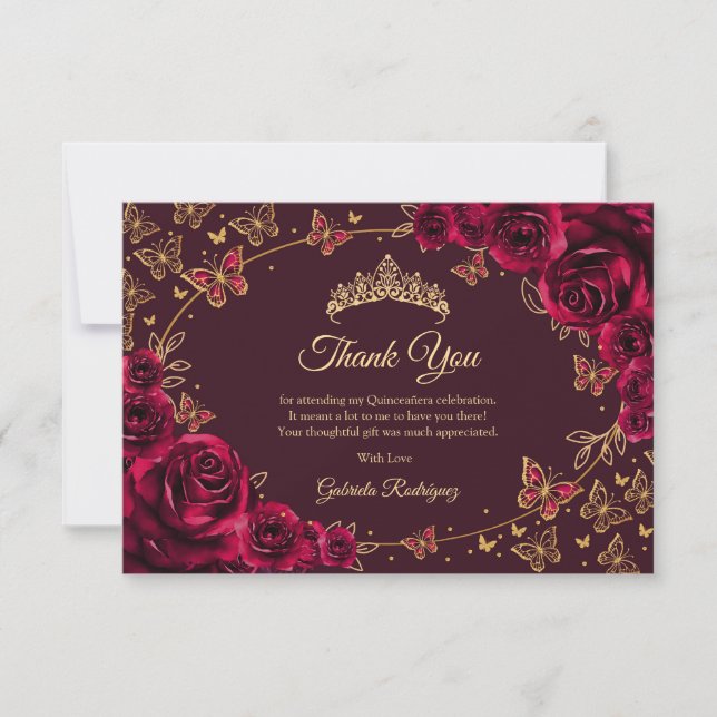 Burgundy Gold Quinceanera Dankeskarte (Vorderseite)