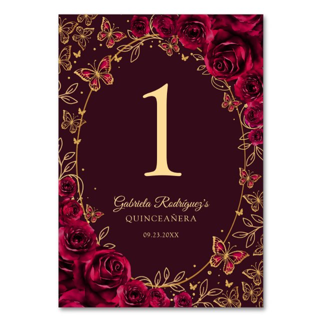 Burgundy Gold Quinceanera Tischnummer (Vorderseite)