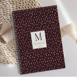 Burgundy Gold Raindrop Modern Trendy Monogram Planer