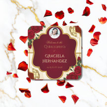 Burgundy & Gold Rose Quinceañera Paper Coaster