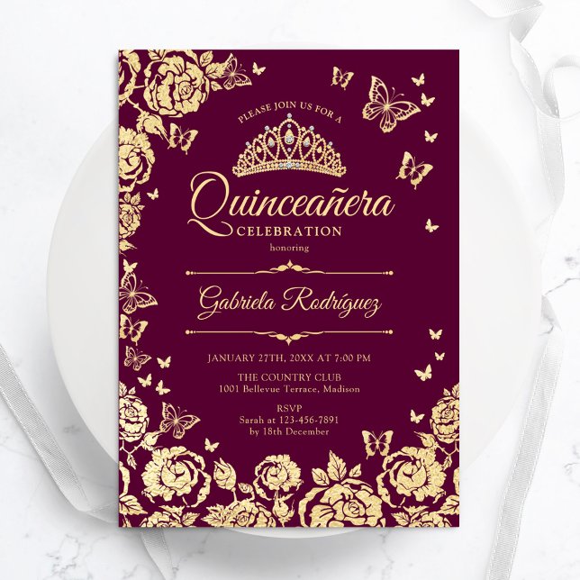 Burgundy Gold Rose Schmetterlinge Quinceanera Einladung (Von Creator hochgeladen)