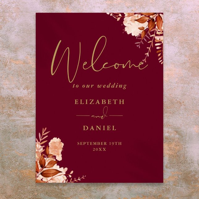 Burgundy Gold Rustic Floral Mariage Affiche de bie (Burgundy Gold Rustic Floral Wedding Welcome Sign)