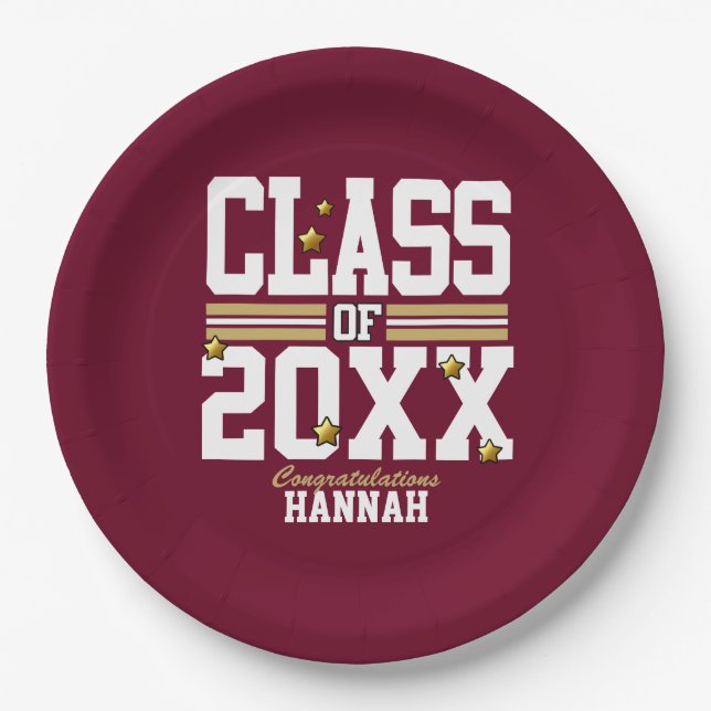 Burgundy|Gold Schließ Class Year Pappteller (Vorderseite)
