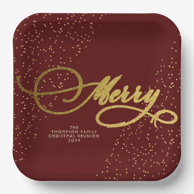 Burgundy Gold Script Merry Bright Familie Weihnach Pappteller (Vorderseite)