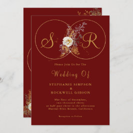 Burgundy Gold Script Monogram Wedding Einladung