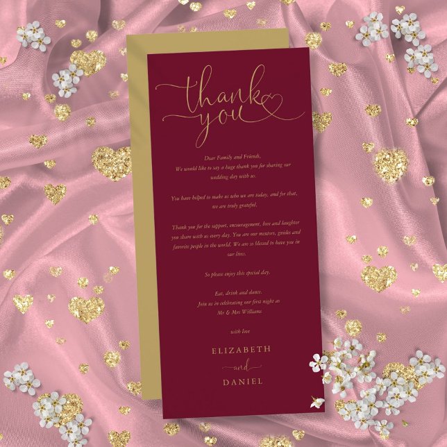 Burgundy Gold Script Wedding Danke Platzkarte Menükarte (Burgundy Gold Script Wedding Thank You Place Card)
