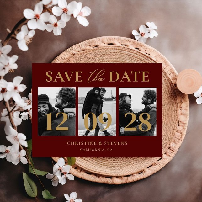 Burgundy & Gold Script Wedding Save the Date Foto Postkarte (Von Creator hochgeladen)
