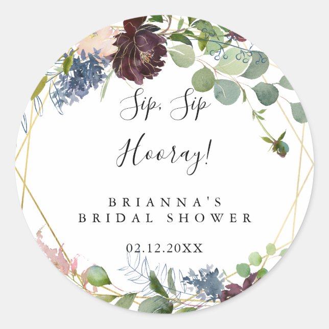 Burgundy Gold Sip Sip Hooray Brautparty Runder Aufkleber (Vorderseite)