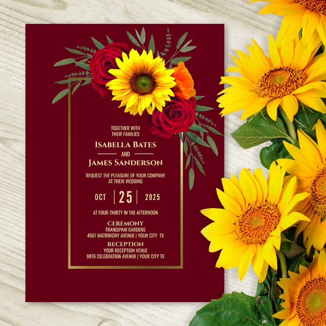 Burgundy Gold Sonnenblumen Rote Rose Hochzeit Einladung (Von Creator hochgeladen)