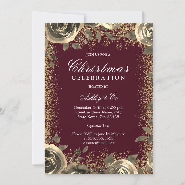 Burgundy & Gold Sparkle Glitzer Weihnachts-Party Einladung (Vorderseite)