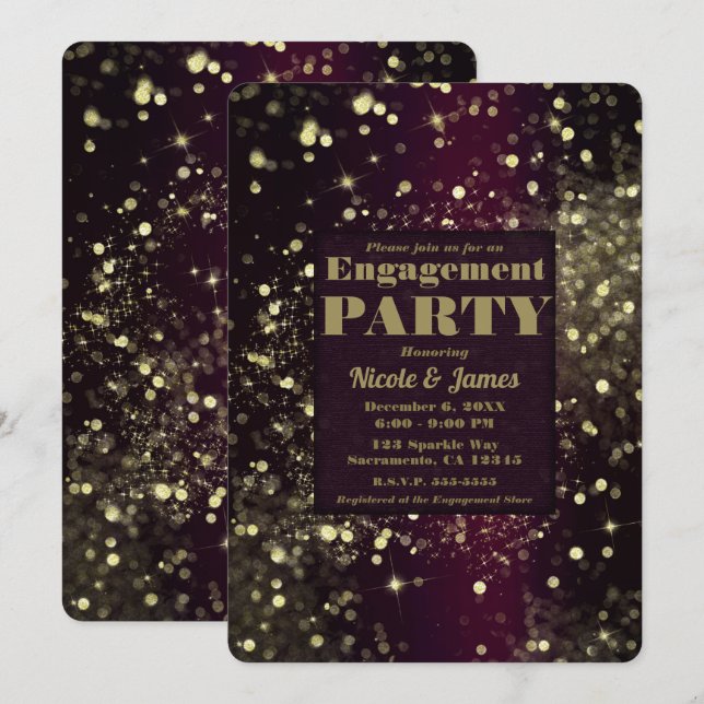Burgundy Gold Sparkling Lights Glam Verlobung Einladung (Vorne/Hinten)