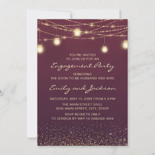 Burgundy Gold String Lights Engagement Party Einladung
