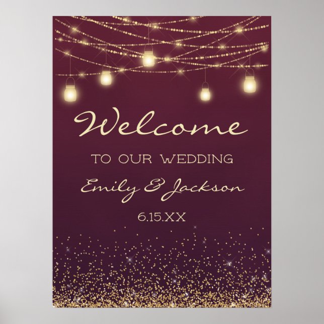 Burgundy Gold String Lights Hochzeit Begrüßung Poster (Vorne)